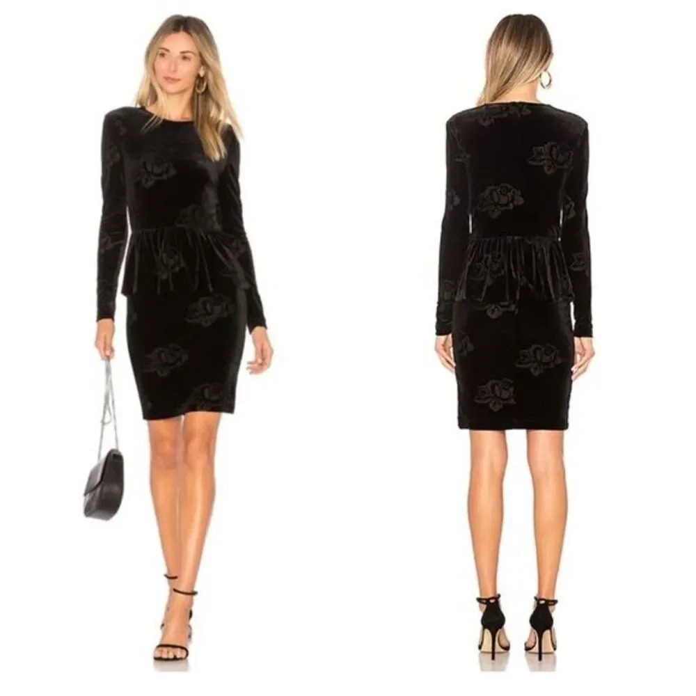 GANNI Bloomsbury Black Floral Velvet LongSleeve Peplum Sheath Dress